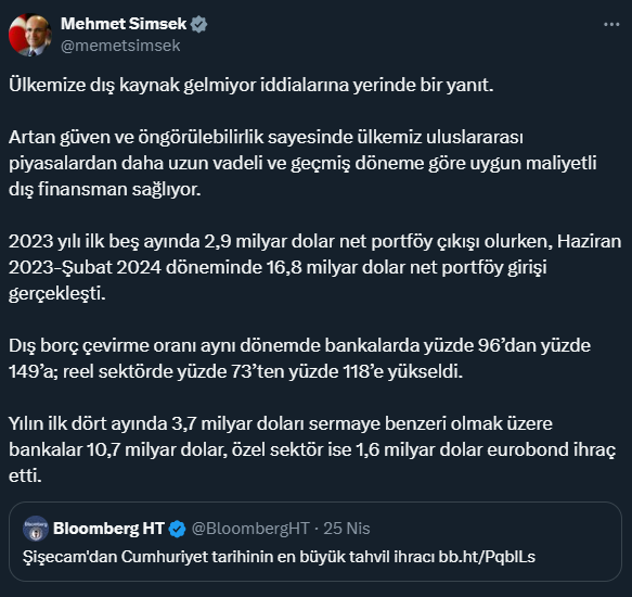 Bakan Simsek Ulkemize Dis Kaynak Gelmiyor 17274243 2809 M